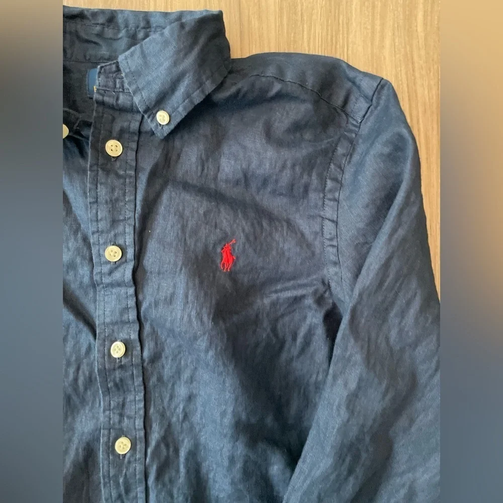 Polo Ralph Lauren Boys Newport Navy linen button down long sleeve shirt size M